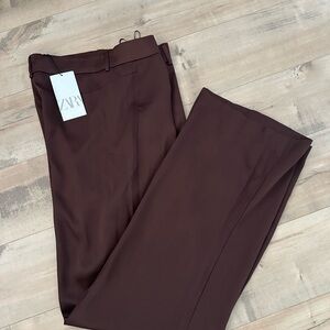NWT Zara Women's Brown Trousers Brown Full Length Satin Effect Pants size XXL